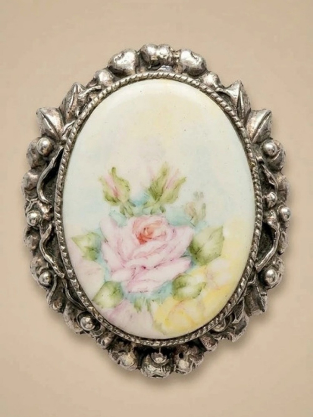 Floral Cameo Brooch in Silver & Pink
